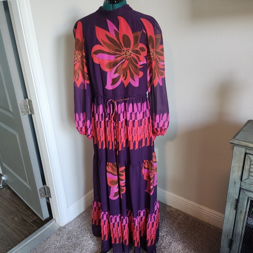 Maison Tara Toryu Maxi Dress Womens 14 Multicolor Floral Tiered Chiffon